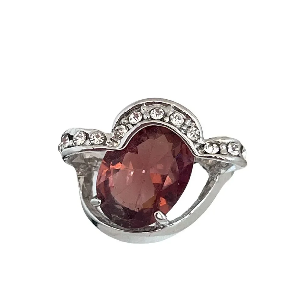 Vintage 1980s Glass Statement Ring Rhinestone Silver Tone Size 6 - 5Z